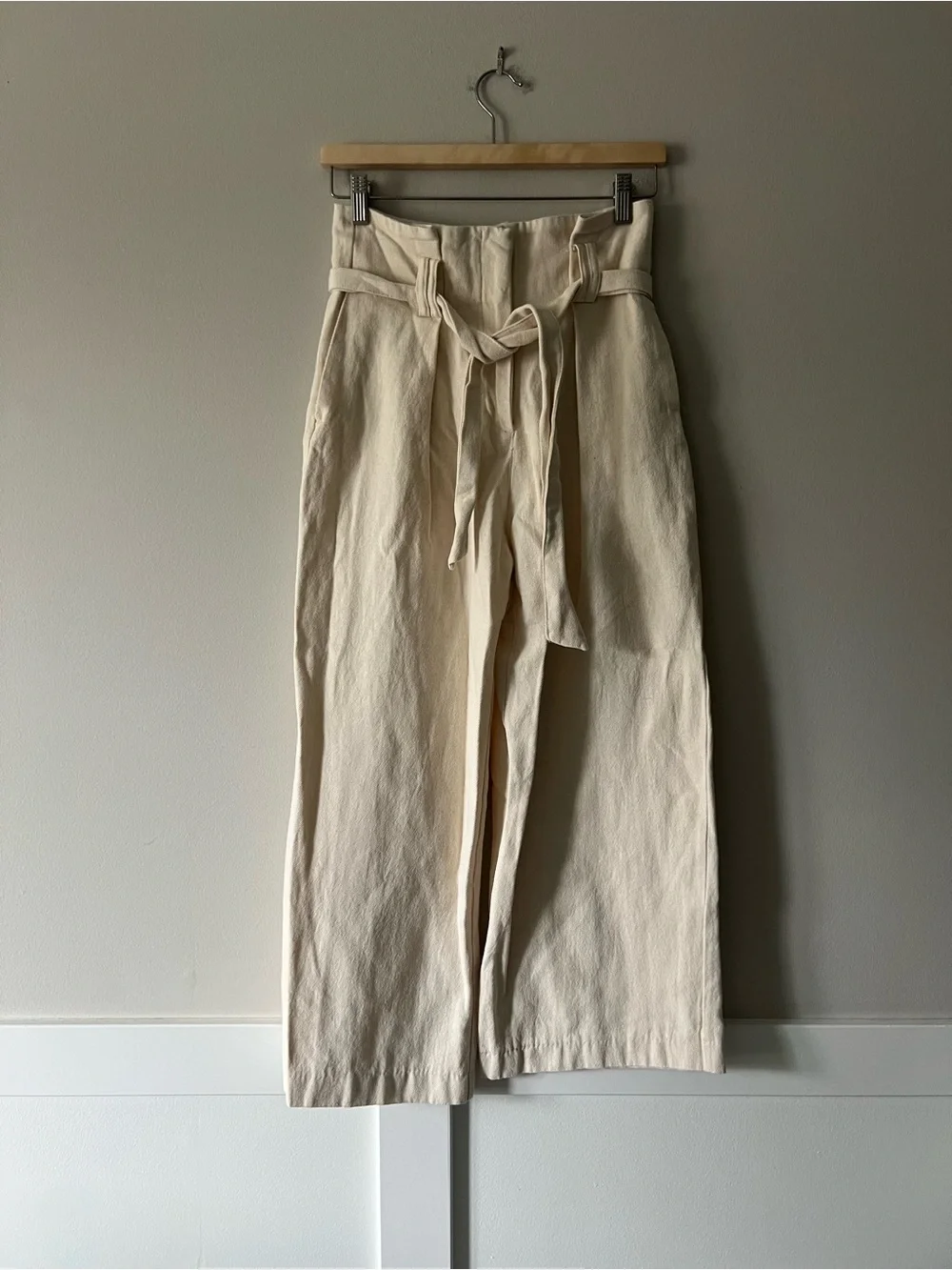 Zara Cream High Rise Wide Leg Belted Trousers Pants Size S